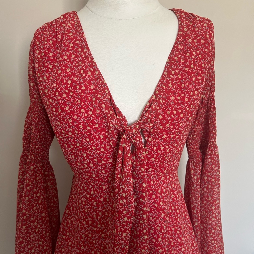 Vici Red Floral Tie-Front Long Sleeve Dress - Picture 9 of 13